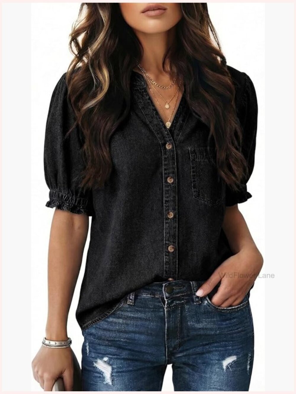 Denim Button Down Short Sleeve V Neck Blouse Summer Top